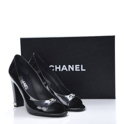 Chanel Patent Calfskin Pearl CC Open Toe Pumps 39 Black 9 of 9