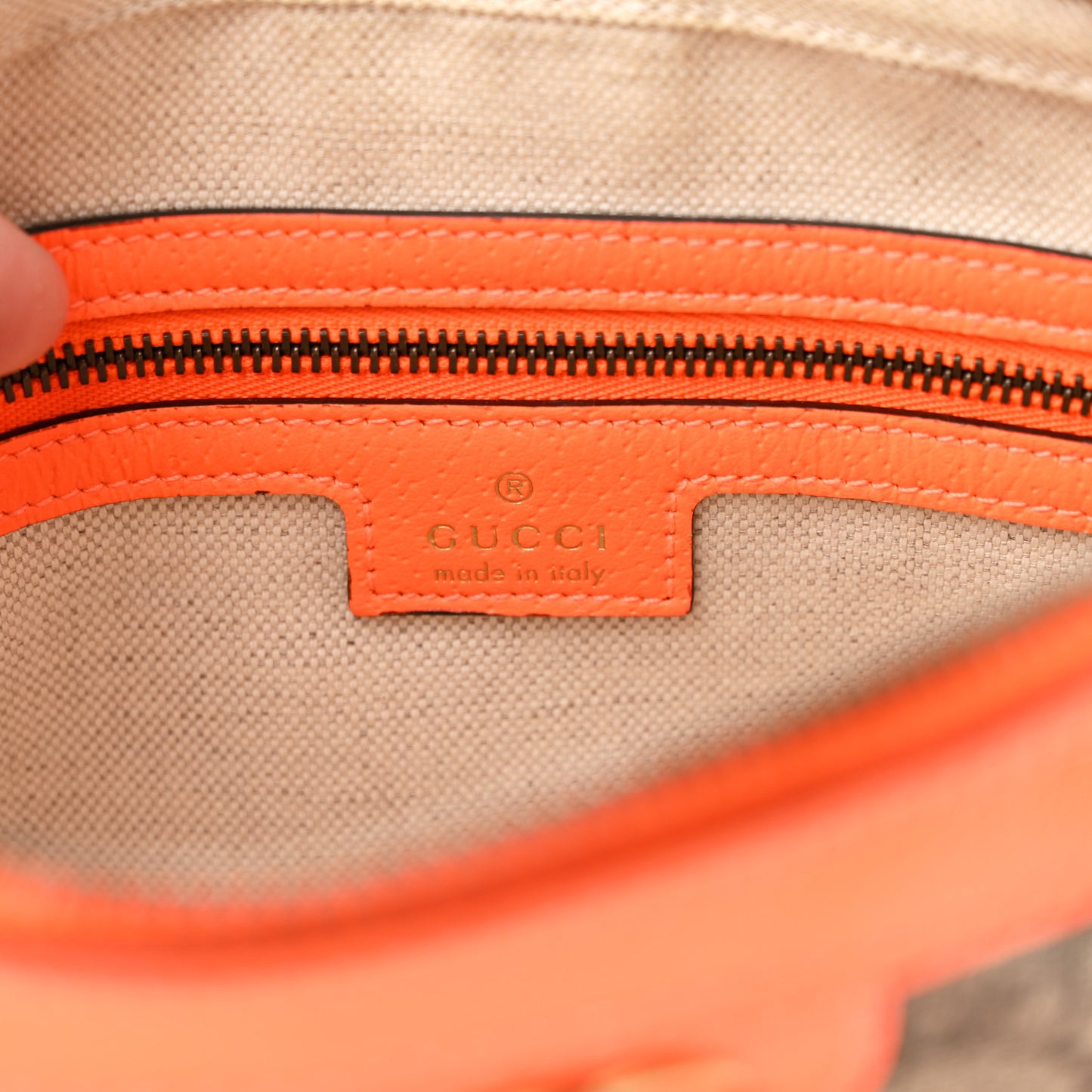 GG Supreme Monogram Textured Dollar Calfskin Web Ophidia Wristlet Shoulder Bag Beige Ebony Orange