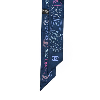 Chanel Silk Twill CC Logo Slim Bandeau Scarf Navy Blue Multicolor 2 of 4