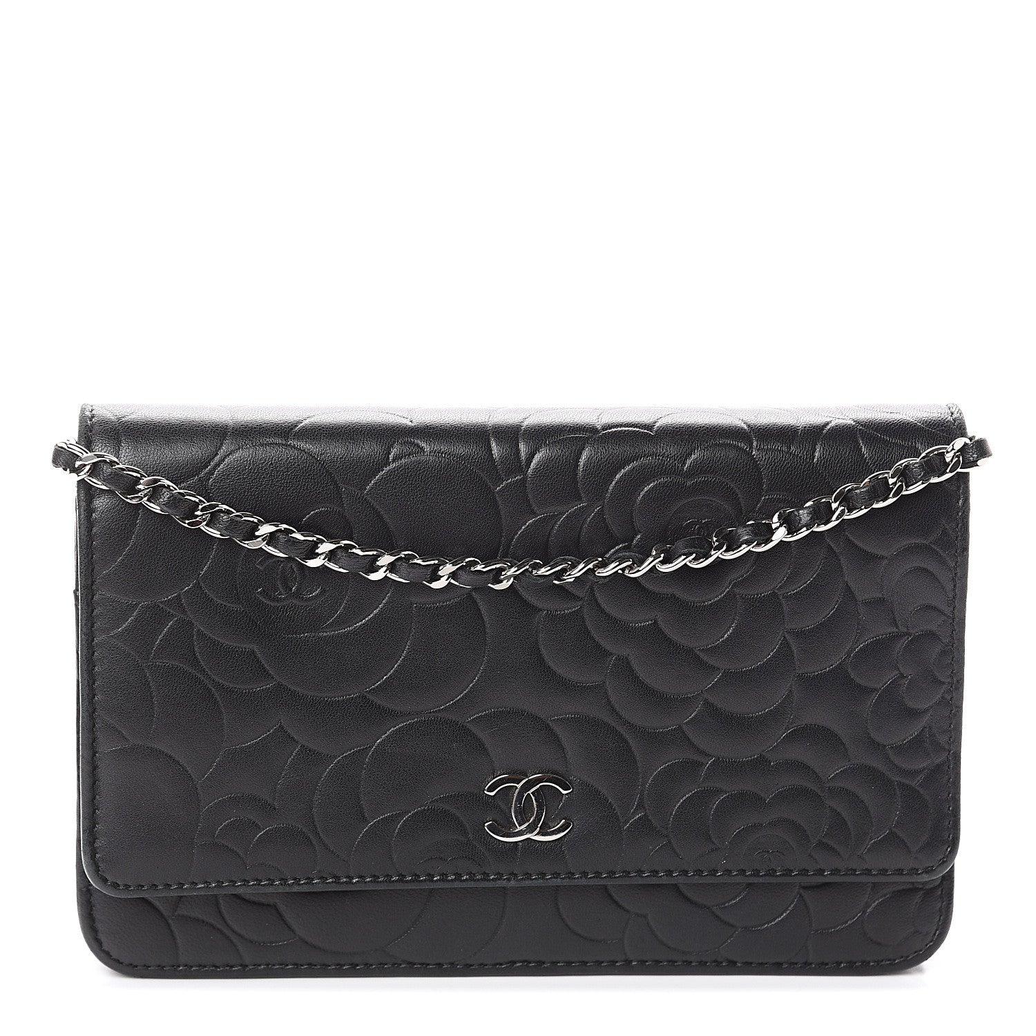 Chanel Lambskin Camellia Embossed Wallet on Chain WOC Black 1 of 9