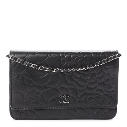 Chanel Lambskin Camellia Embossed Wallet on Chain WOC Black 1 of 9