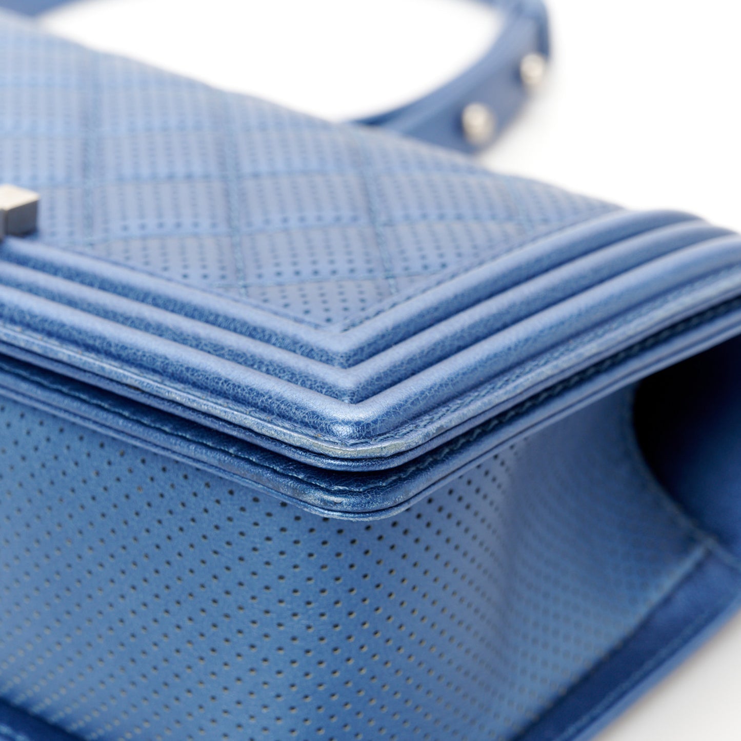 Metallic Lambskin Perforated Quilted Medium Boy Flap Blue