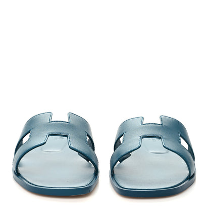 Hermes Calfskin Oran Sandals 37.5 Bleu Emeraude 2 of 9