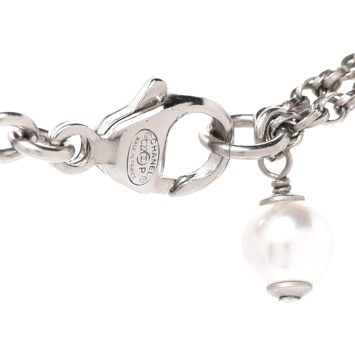 Crystal Pearl CC Pendant Necklace Silver