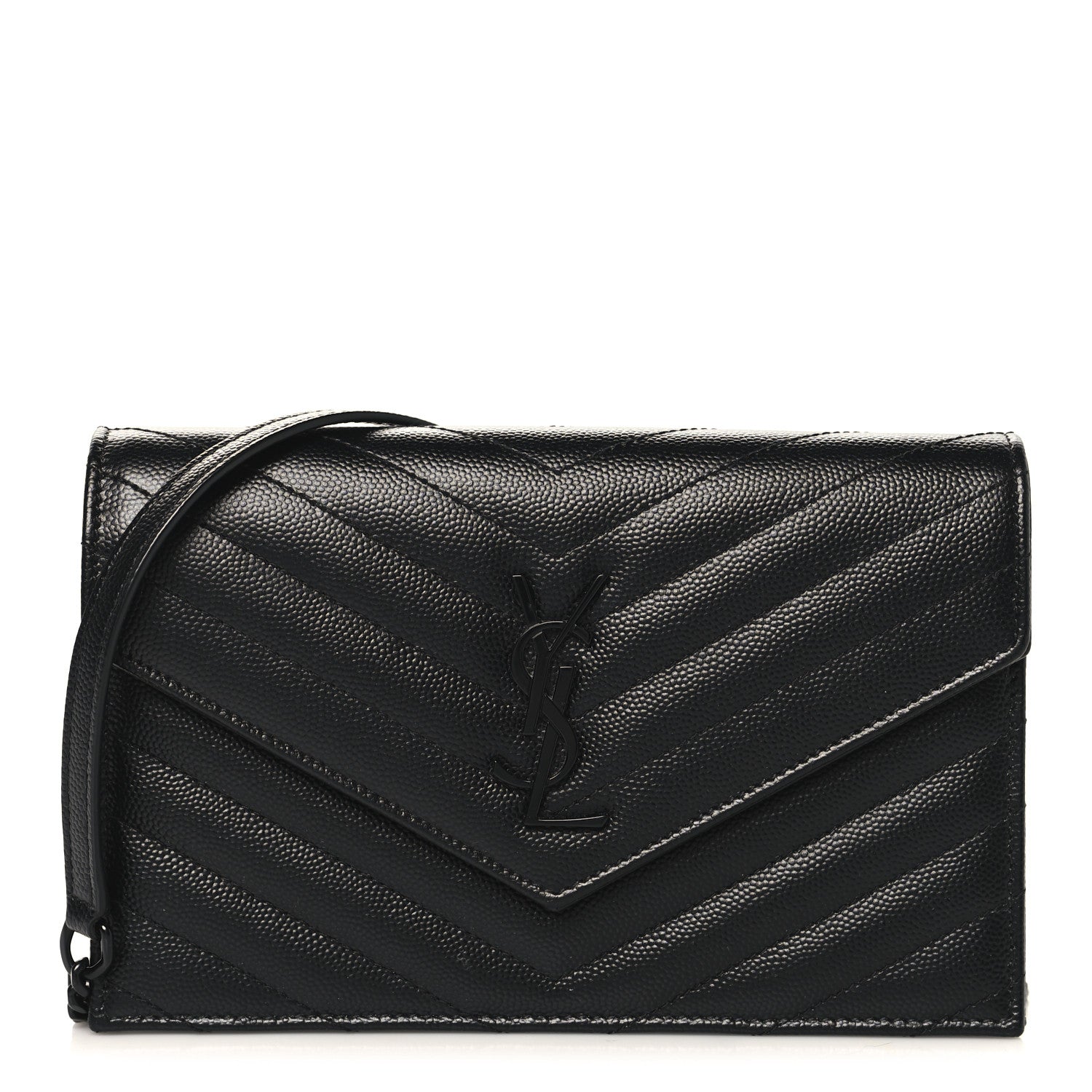 Saint Laurent Grain De Poudre Matelasse Chevron Monogram Monochrome Envelope Chain Wallet Black 1 of 10