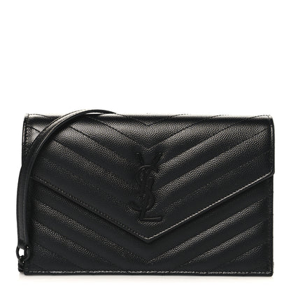 Saint Laurent Grain De Poudre Matelasse Chevron Monogram Monochrome Envelope Chain Wallet Black 1 of 10