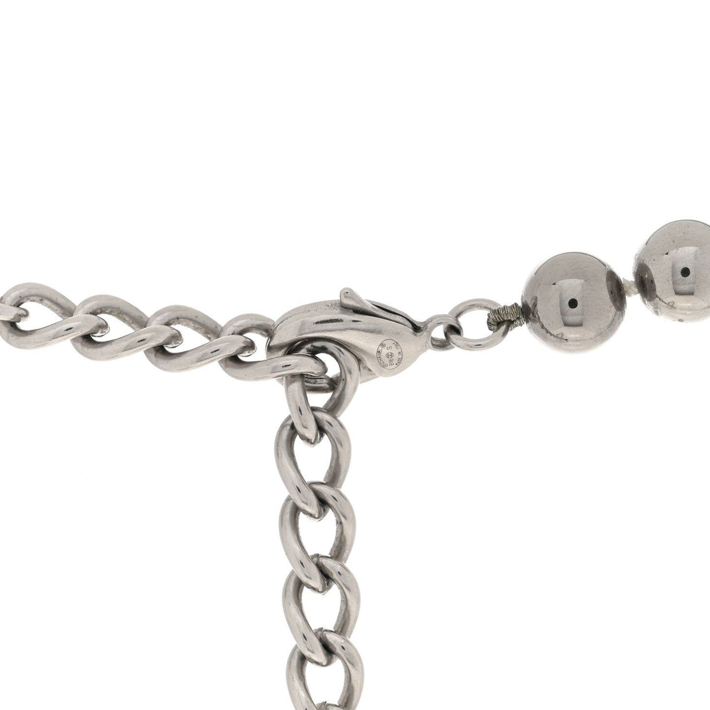 Metal Pearl CC Long Necklace Silver Pearly White Grey