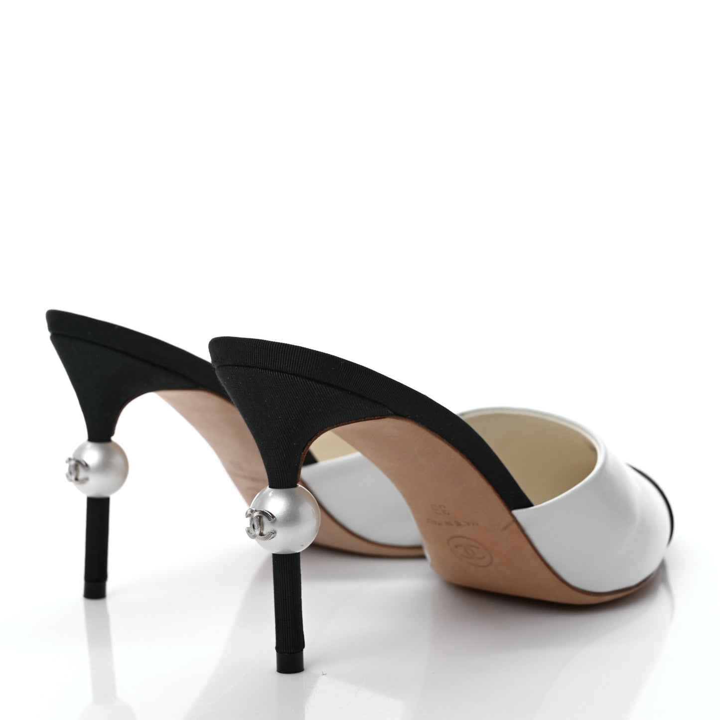 Patent Lambskin Grosgrain Cap Toe Pearl Mule 36 Ecru Black