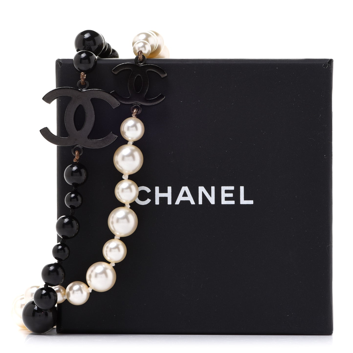 Pearl Bead CC Long Double Strand Necklace Black White