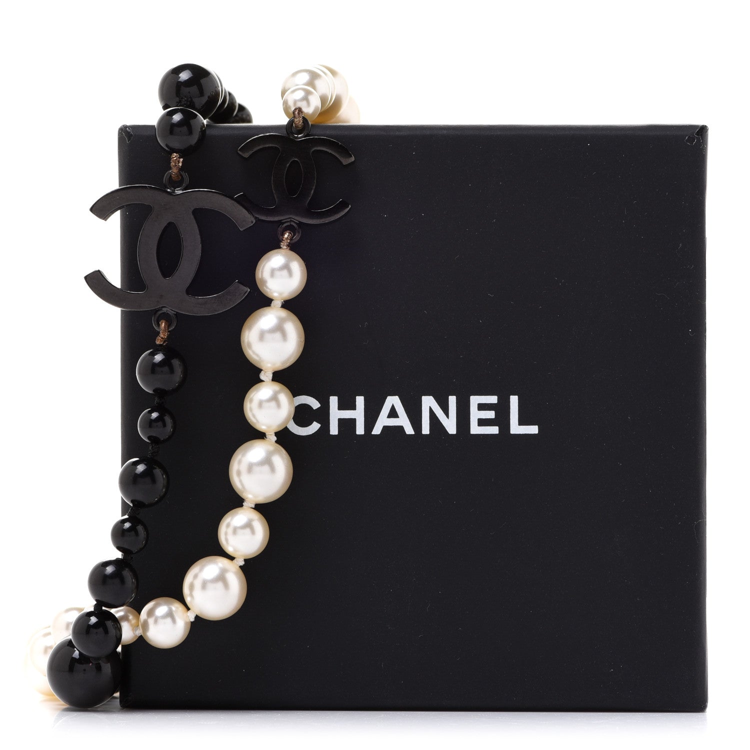 Chanel Pearl Bead CC Long Double Strand Necklace Black White 6 of 6