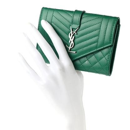 Saint Laurent Grain De Poudre Textured Mixed Matelasse Triquilt Small Monogram Envelope Wallet Green Field 2 of 9