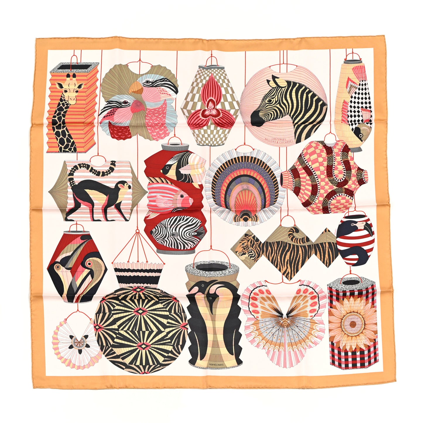 Silk Lanternes Ballons et Cocardes Scarf 90 Beige Rose Nacre Bordeaux