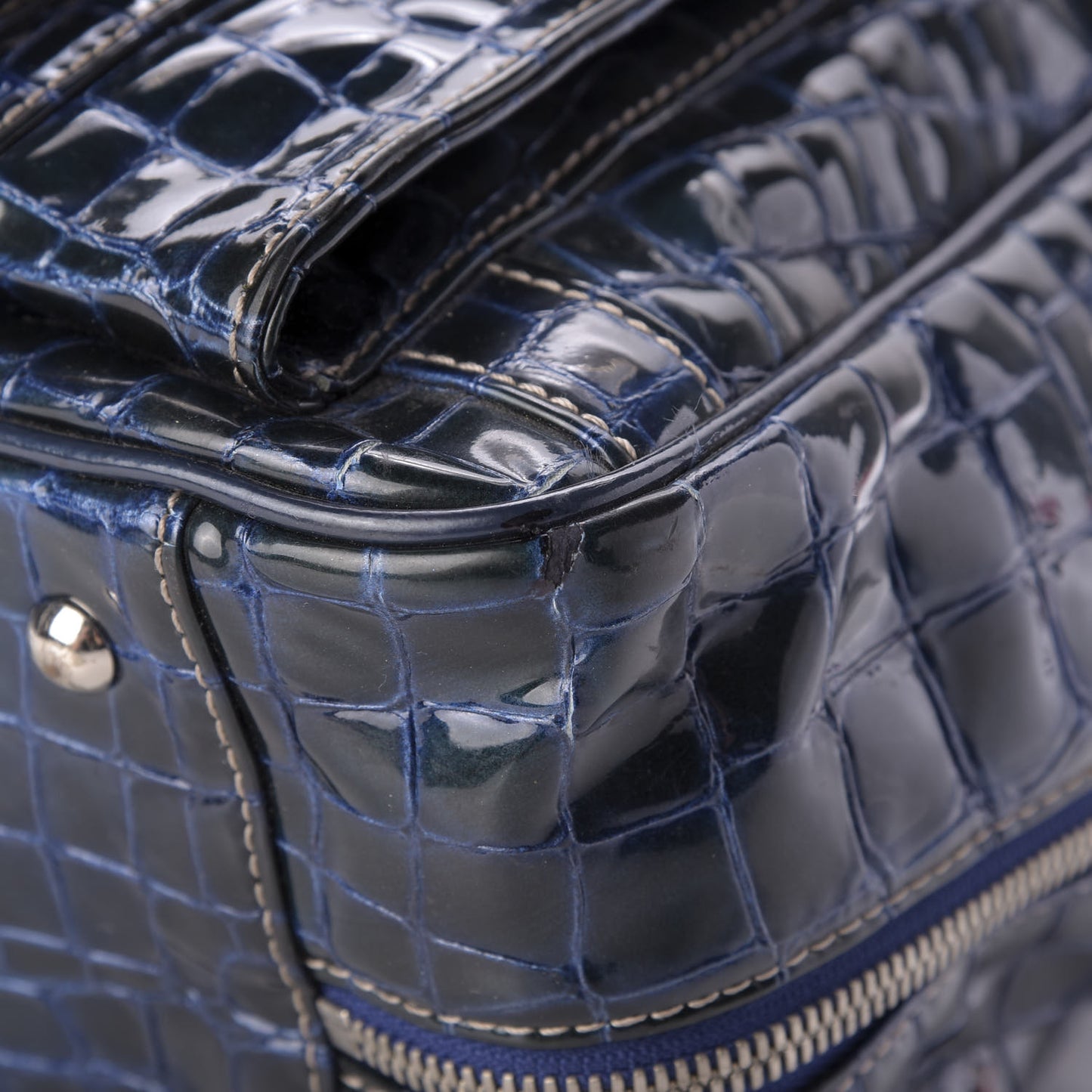 Crocodile Embossed Patent Calfskin Double Pocket Tote Blue