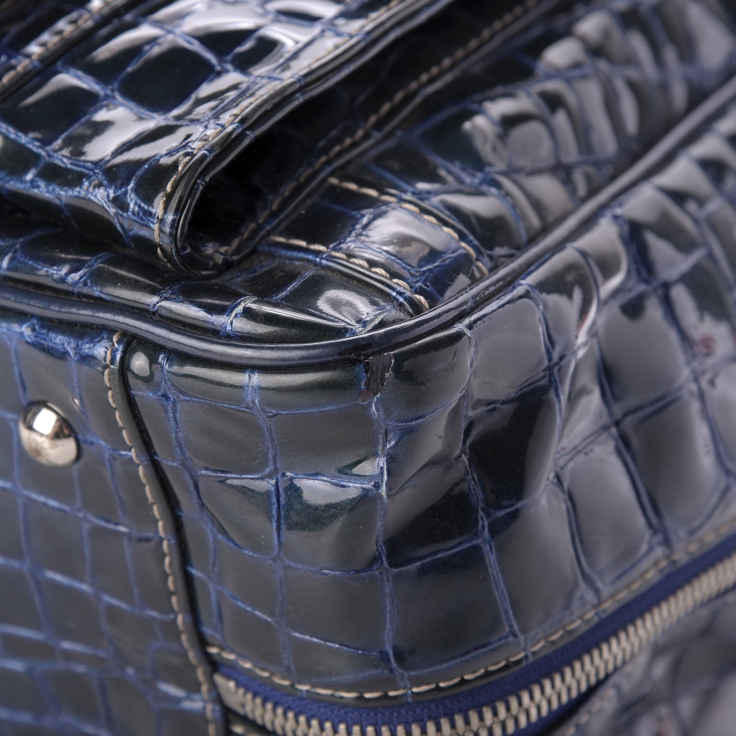 MCM Crocodile Embossed Patent Calfskin Double Pocket Tote Blue 11 of 11