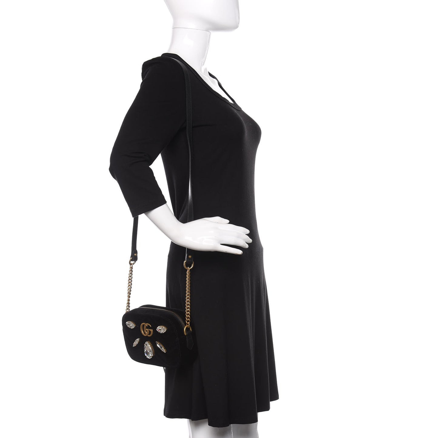 Velvet Matelasse Marquise Crystals Mini GG Marmont Chain Shoulder Bag Black