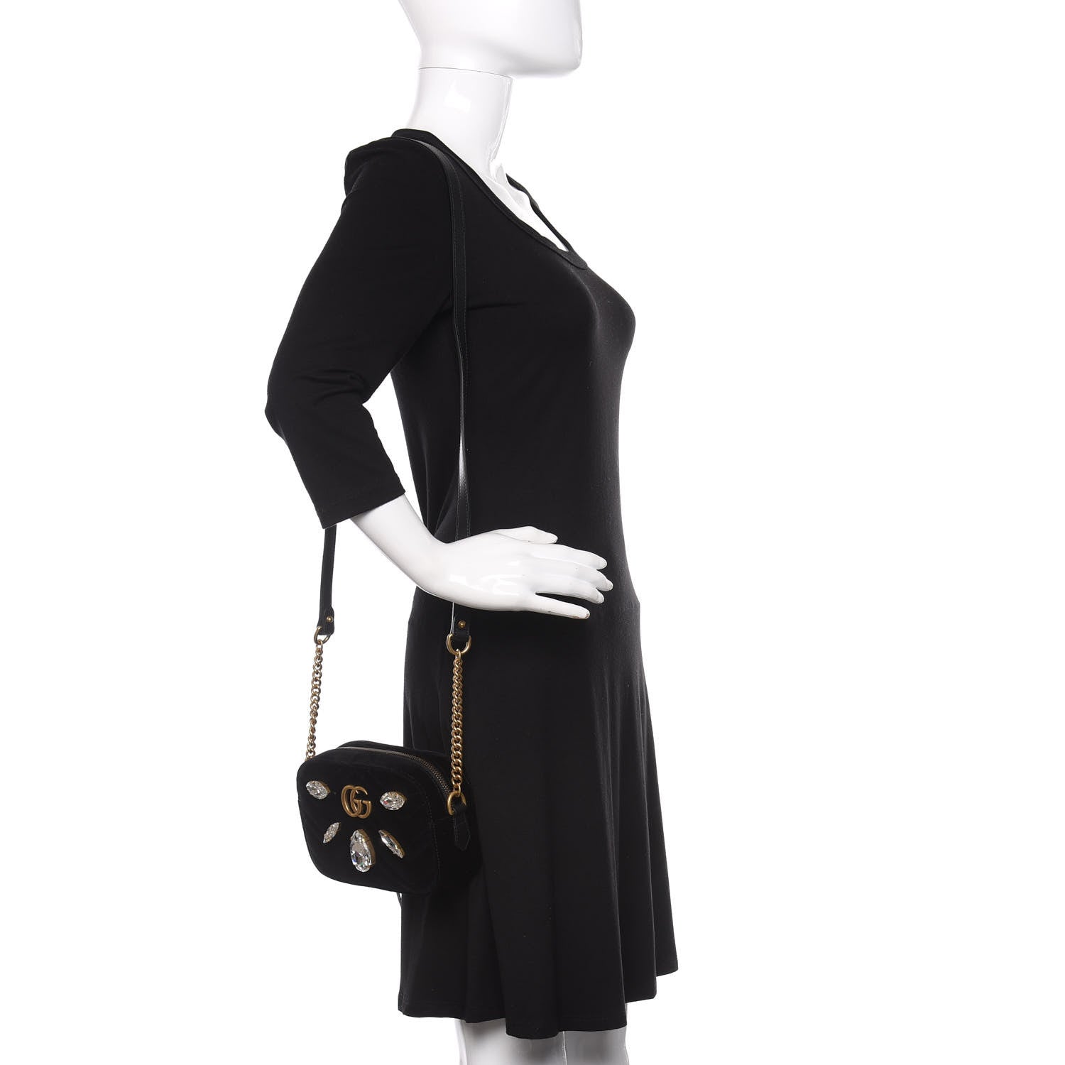 Gucci Velvet Matelasse Marquise Crystals Mini GG Marmont Chain Shoulder Bag Black 2 of 10