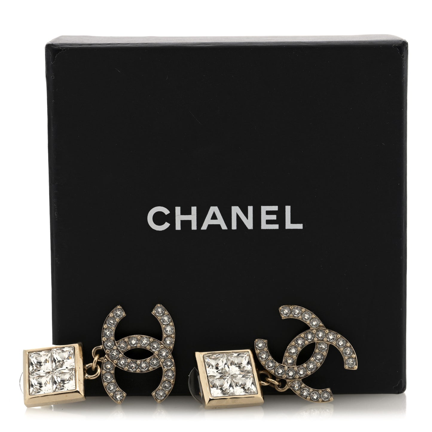 Metal Crystal Square CC Drop Earrings Gold