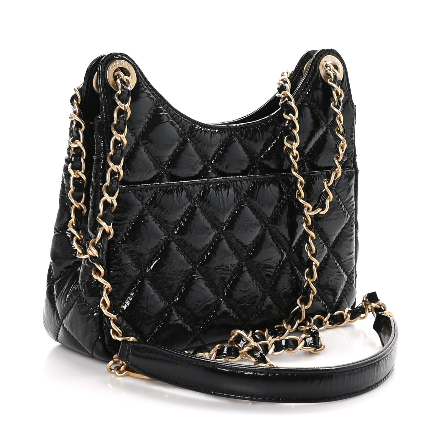 Shiny Crumpled Calfskin Quilted Small Wavy CC Hobo Black