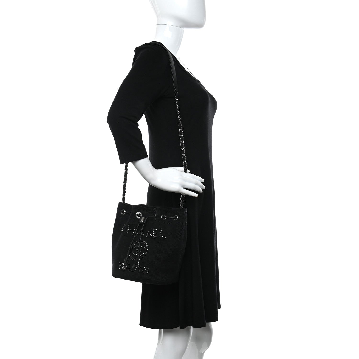 Chanel Canvas Deauville Drawstring Bucket Bag Black 2 of 9