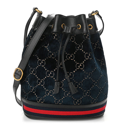 Gucci Velvet GG Monogram Web Bucket Bag Blue Beige 1 of 10