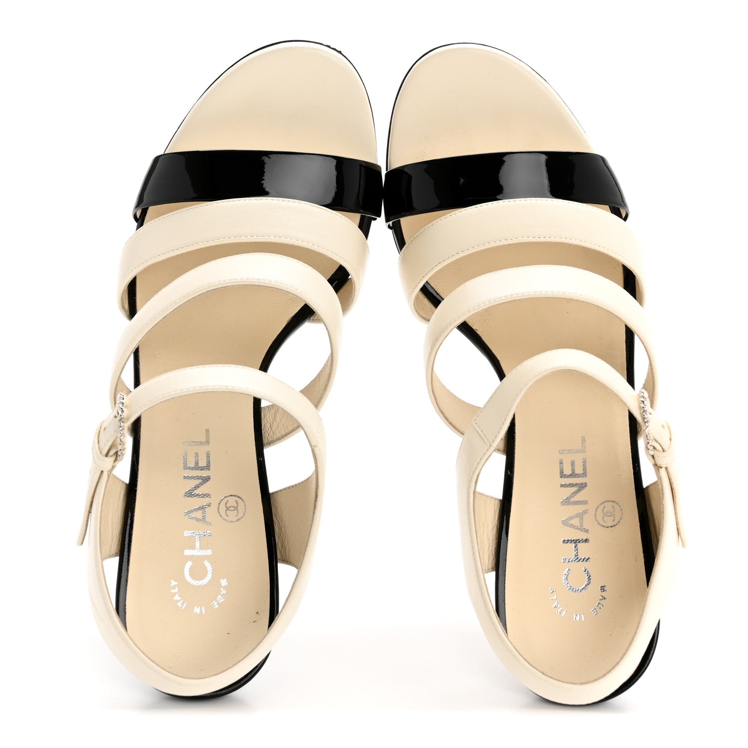 Chanel Lambskin Patent Pearl Sandals 37.5 Ivory Black 5 of 12