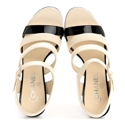 Chanel Lambskin Patent Pearl Sandals 37.5 Ivory Black 5 of 12