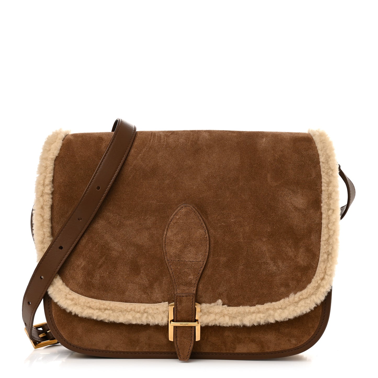 Nubuck Shearling Besace Satchel Dark Cigar Natural Beige