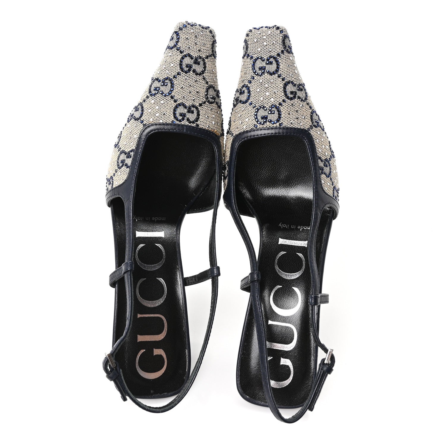 Gucci GG Monogram Malaga Kid Crystal Square G 75mm Slingback Pumps 36.5 Beige Blue 2 of 9