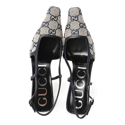Gucci GG Monogram Malaga Kid Crystal Square G 75mm Slingback Pumps 36.5 Beige Blue 2 of 9