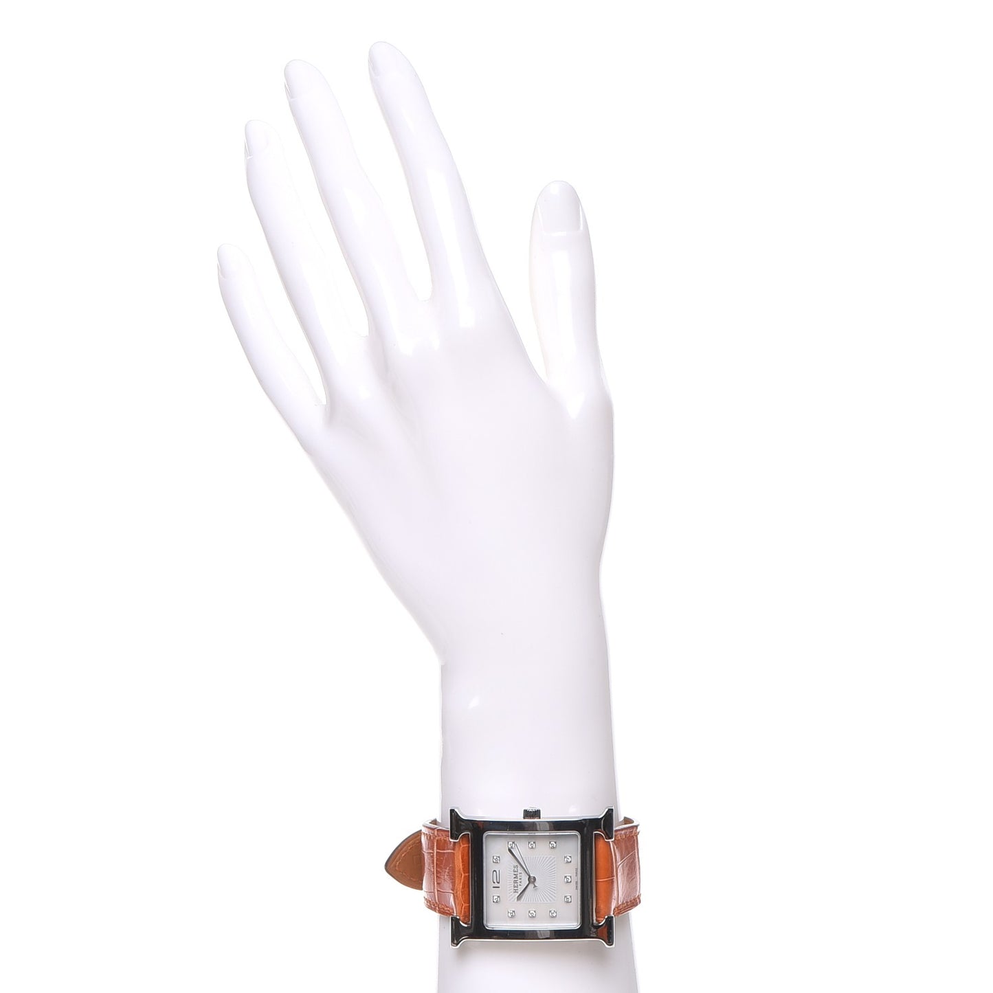 Sterling Silver Alligator Diamond Mother of Pearl 30.5mm Heure H Hour Quartz Watch Orange