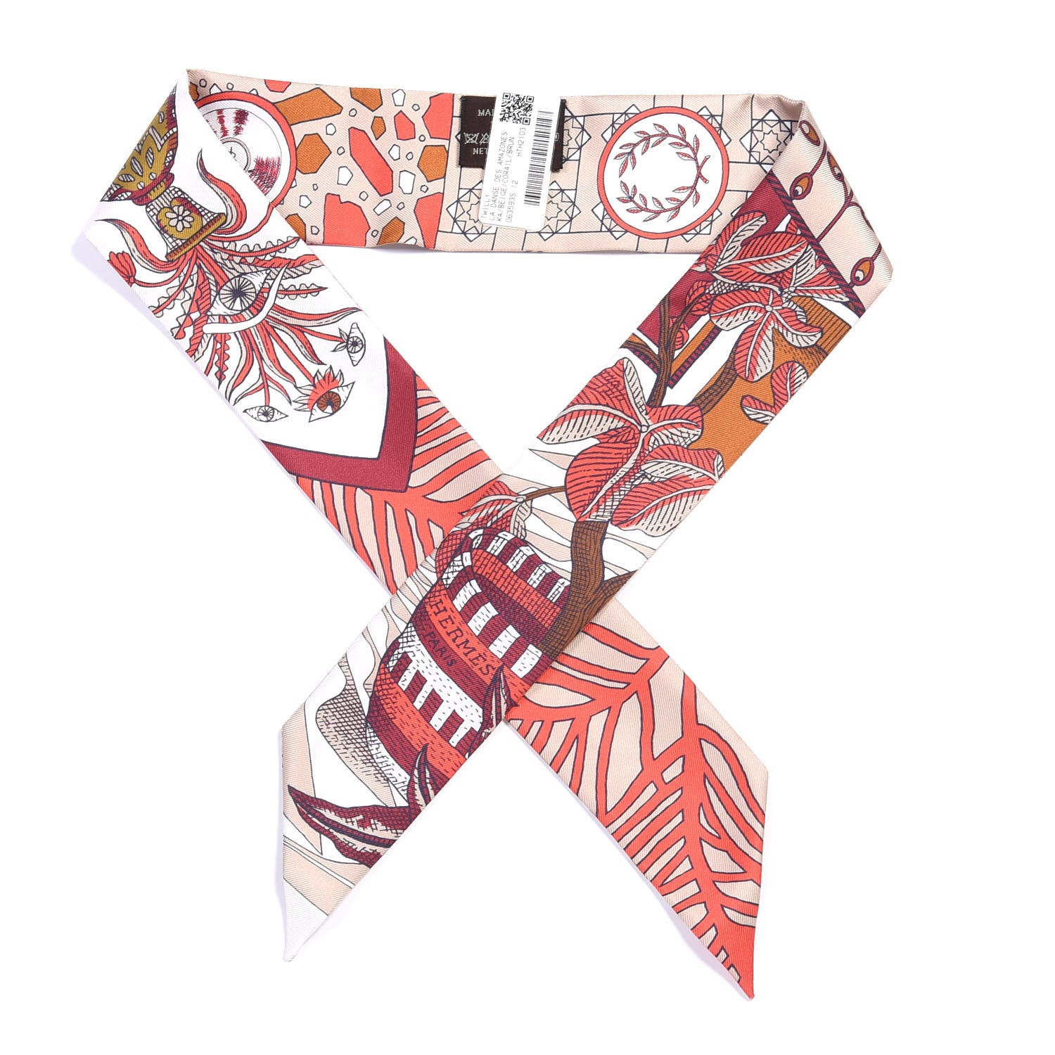 Hermes Silk La Danse Des Amazones Twilly Beige Corail Brun 1 of 4