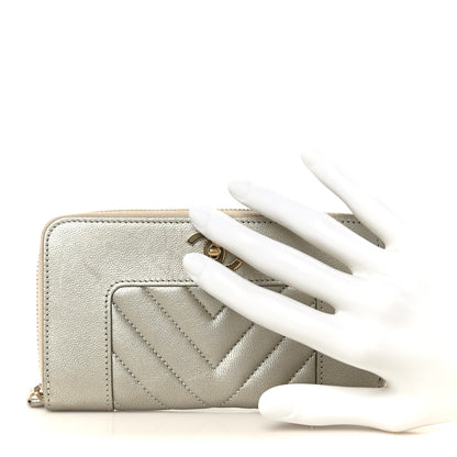 Chanel Metallic Sheepskin Chevron Quilted Medium Mademoiselle Vintage Zip Around Wallet Silver 2 of 10