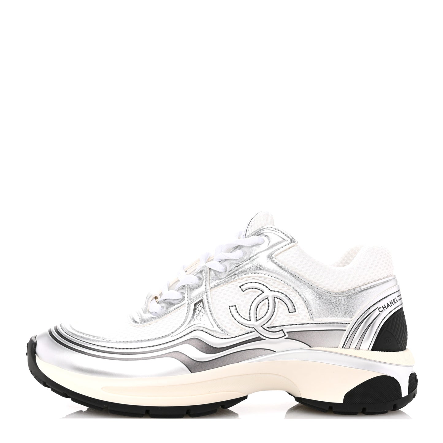 Fabric Laminated Calfskin Stretch CC Womens Sneakers 37 White Silver