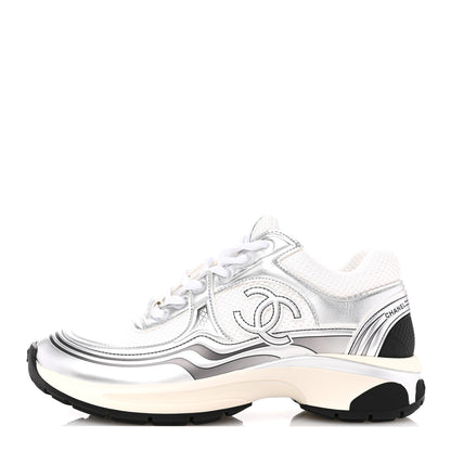 Chanel Fabric Laminated Calfskin Stretch CC Womens Sneakers 37 White Silver 1 of 10