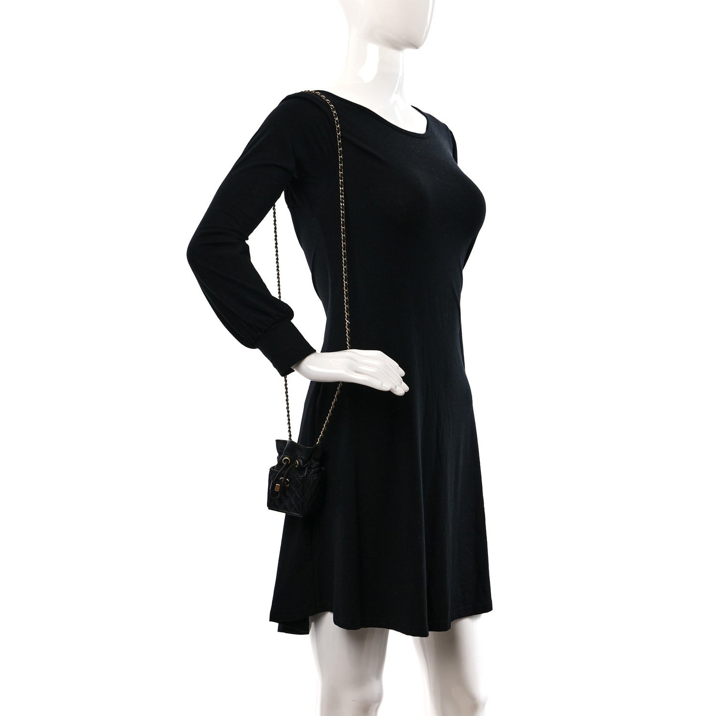 Calfskin Quilted Mini Drawstring Bucket Bag Black