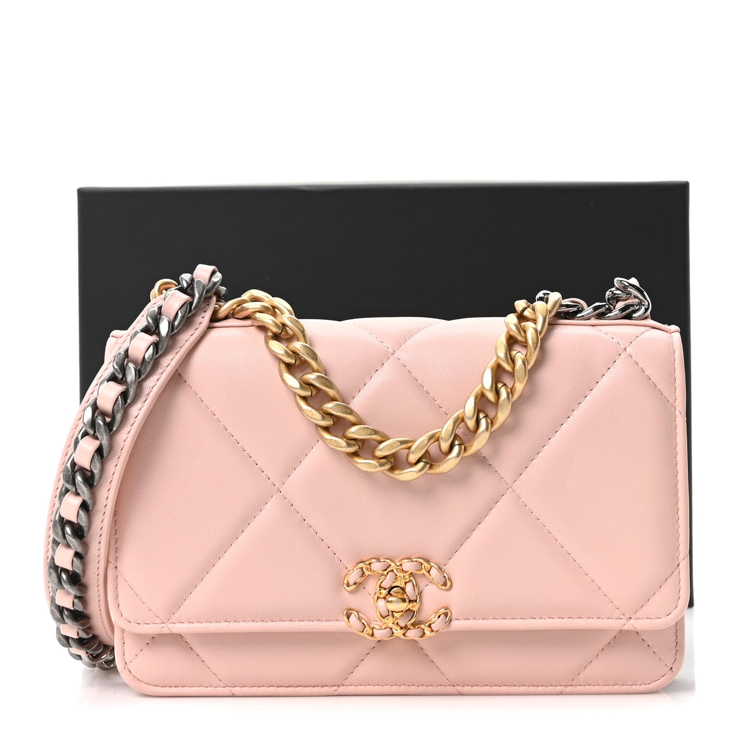 Lambskin Quilted Chanel 19 Wallet On Chain WOC Light Pink