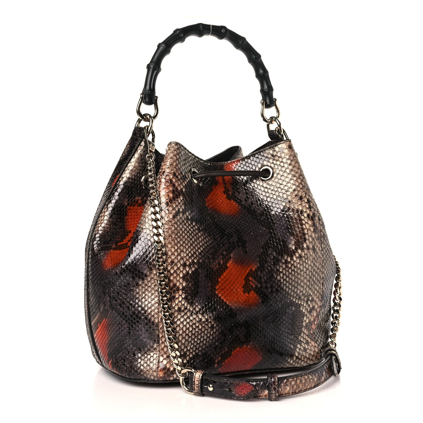 Snakeskin Miss Bamboo Medium Bucket Bag Black
