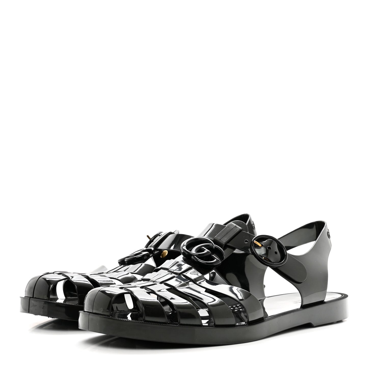 Shiny Rubber Double G Buckle Strap Sandals 10 Black