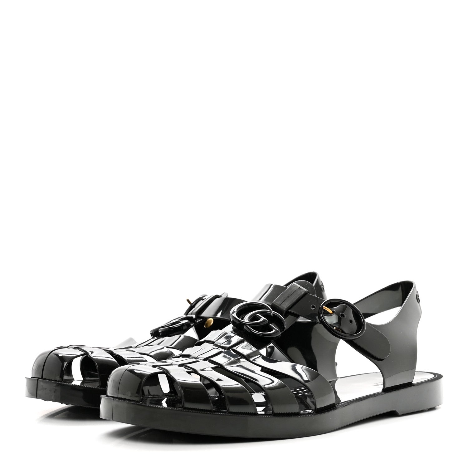 Gucci Shiny Rubber Double G Buckle Strap Sandals 10 Black 3 of 8