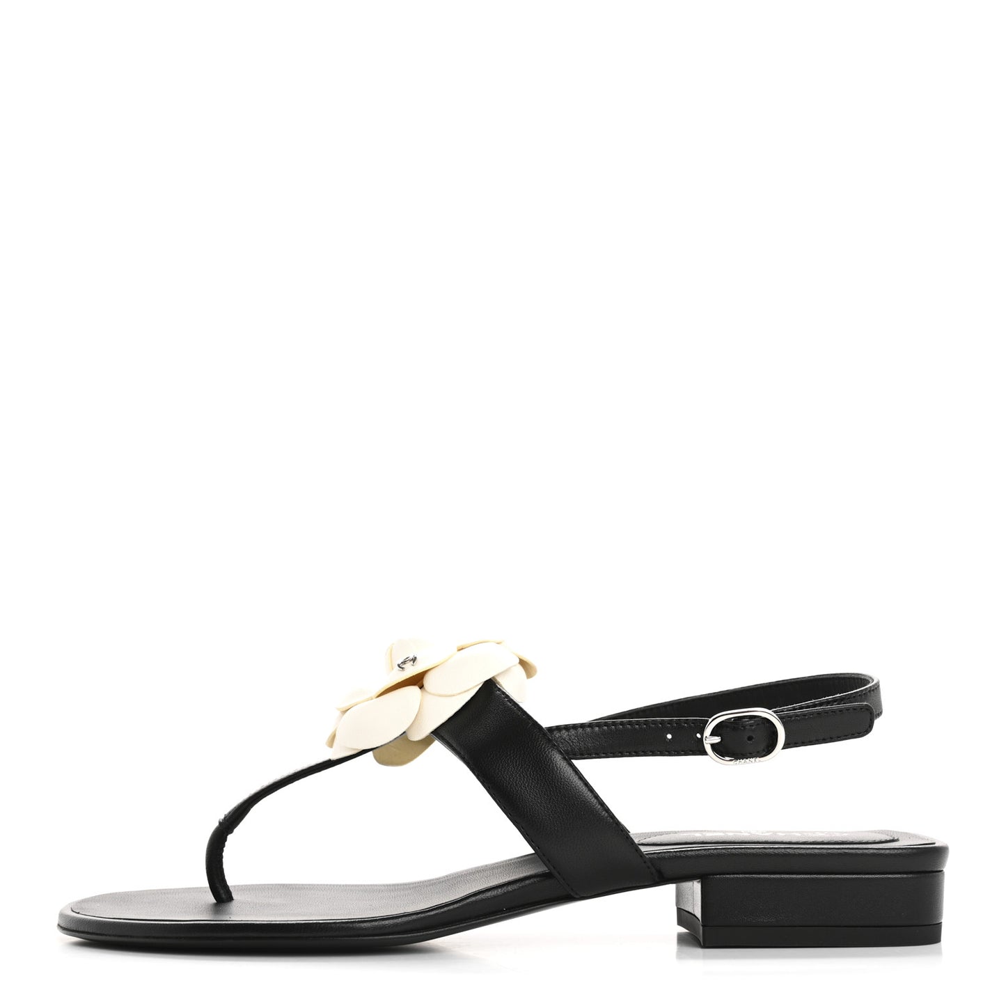 Lambskin Camellia Thong Sandals 38 Black White