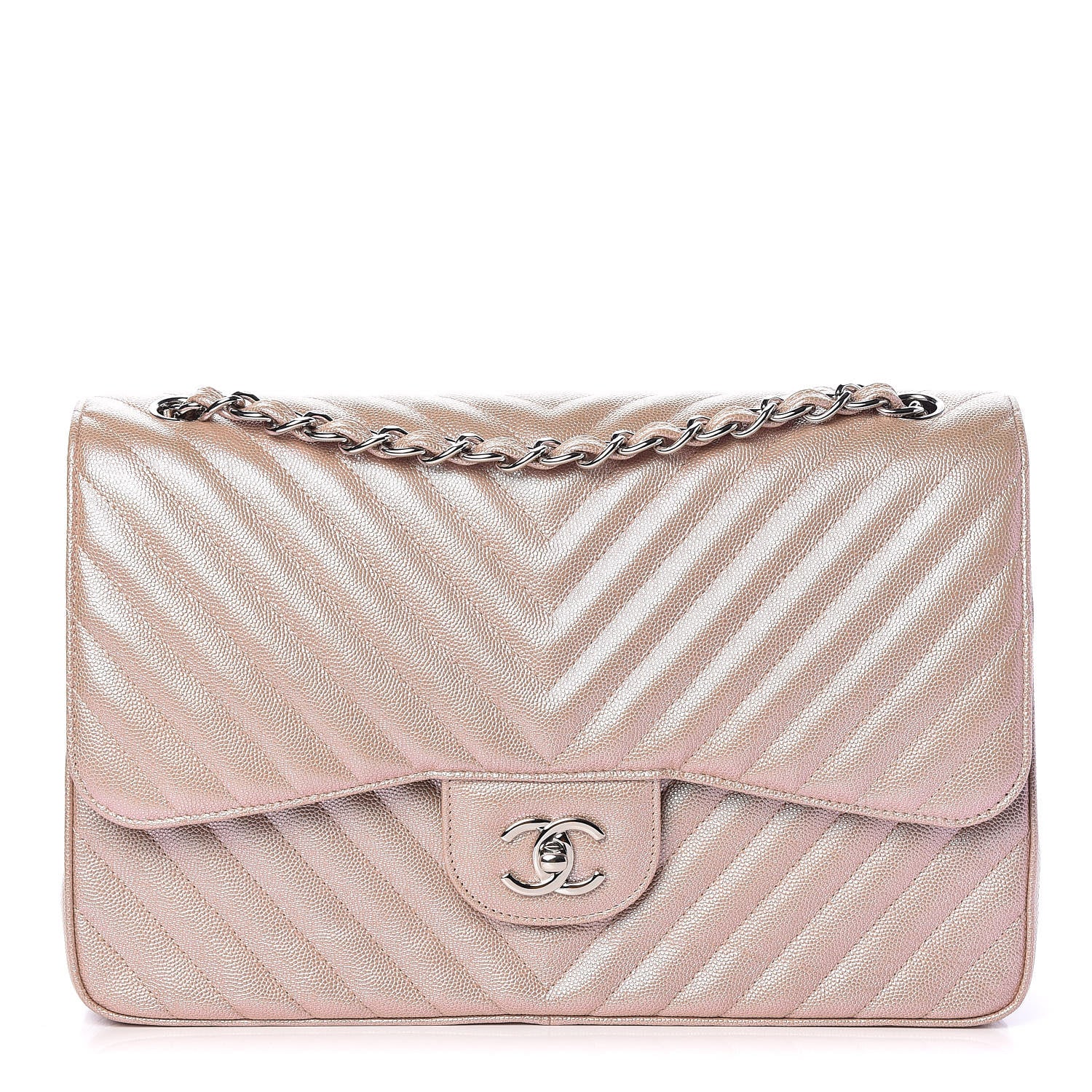 Chanel Metallic Caviar Chevron Quilted Jumbo Double Flap Light Gold 1 of 10