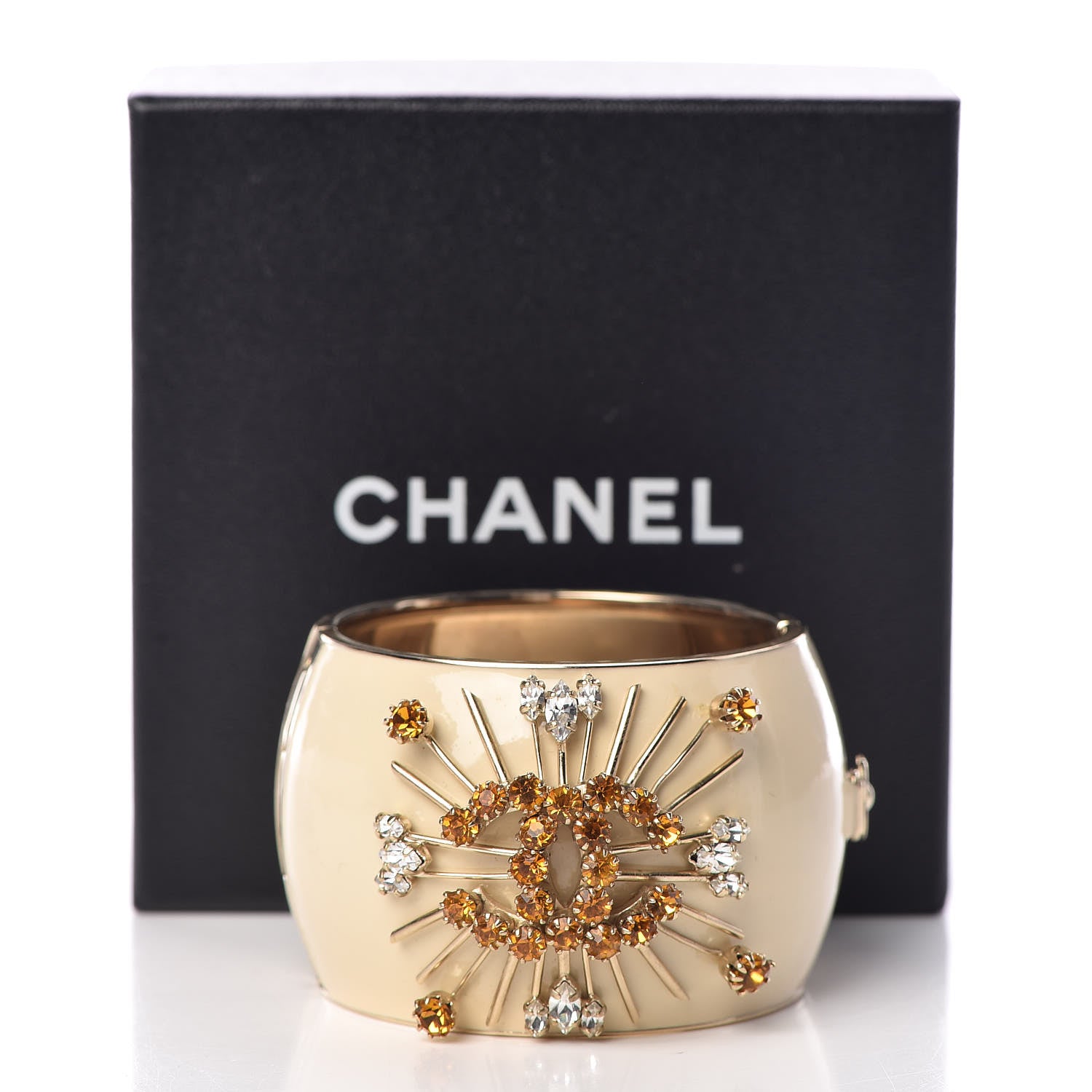 Chanel Resin Enamel Crystal CC Cuff Beige 6 of 6