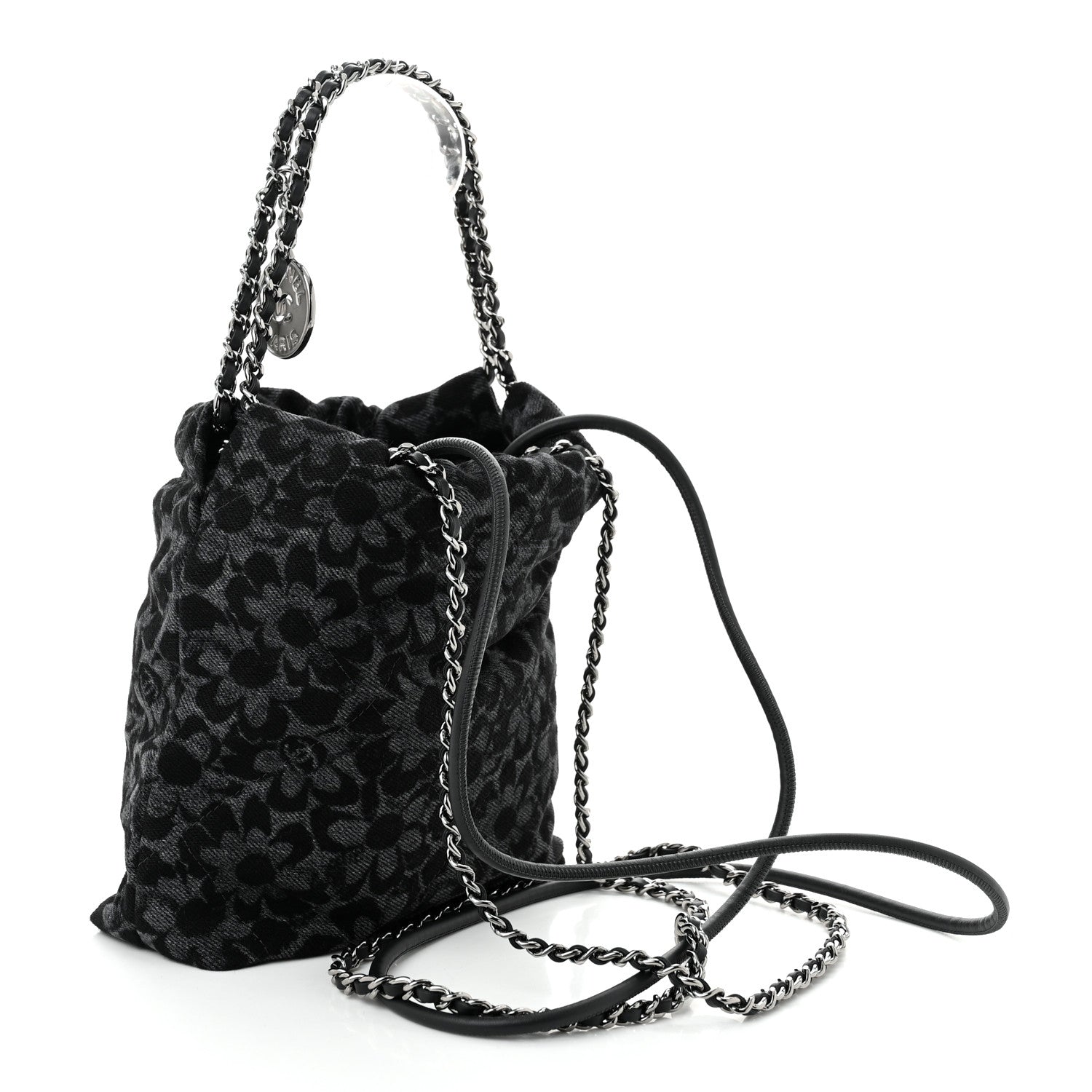 Chanel Denim Quilted Floral Print Mini Chanel 22 Black Grey 3 of 10
