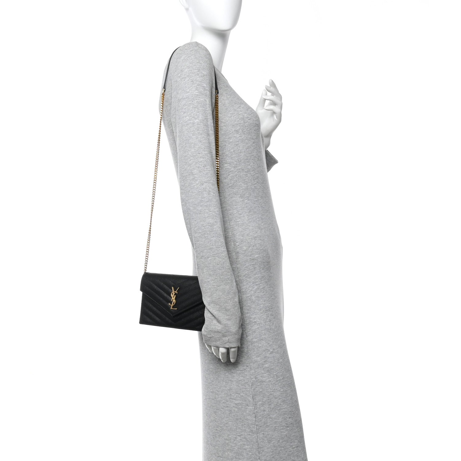Saint Laurent Grain De Poudre Matelasse Chevron Monogram Envelope Chain Wallet Black 2 of 10