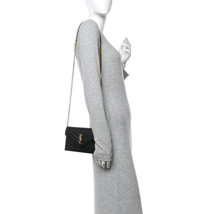 Saint Laurent Grain De Poudre Matelasse Chevron Monogram Envelope Chain Wallet Black 2 of 10