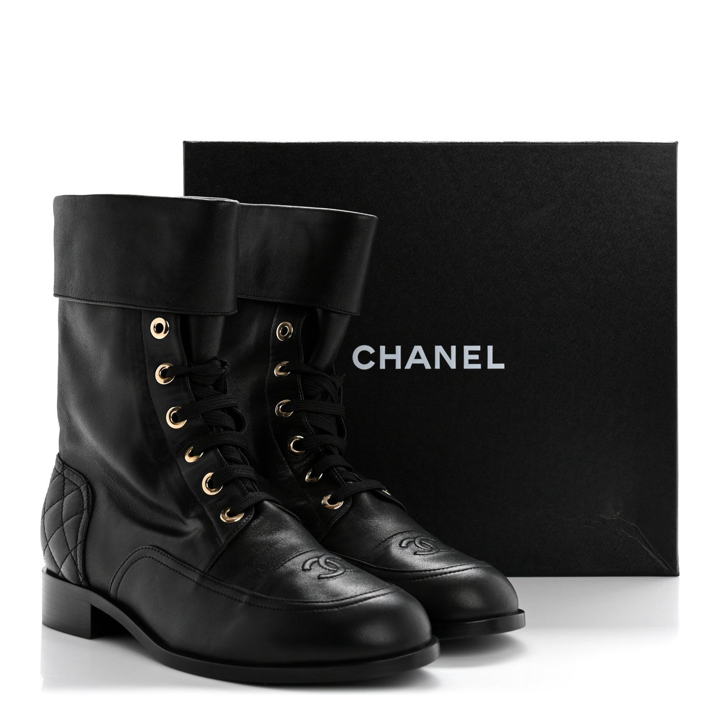 Calfskin Quilted Lace Up Combat Boots 39.5 Black