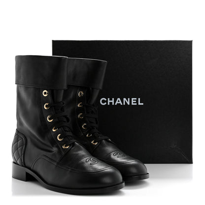 Chanel Calfskin Quilted Lace Up Combat Boots 39.5 Black 10 of 10