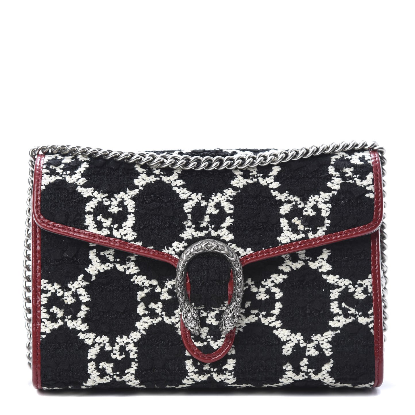 Tweed GG Monogram Mini Dionysus Chain Wallet Black White Romantic Cherry