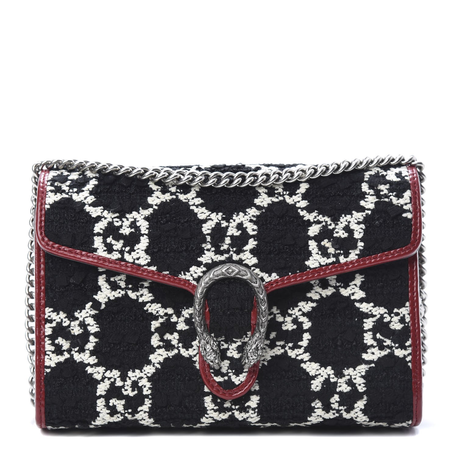 Gucci Tweed GG Monogram Mini Dionysus Chain Wallet Black White Romantic Cherry 1 of 10