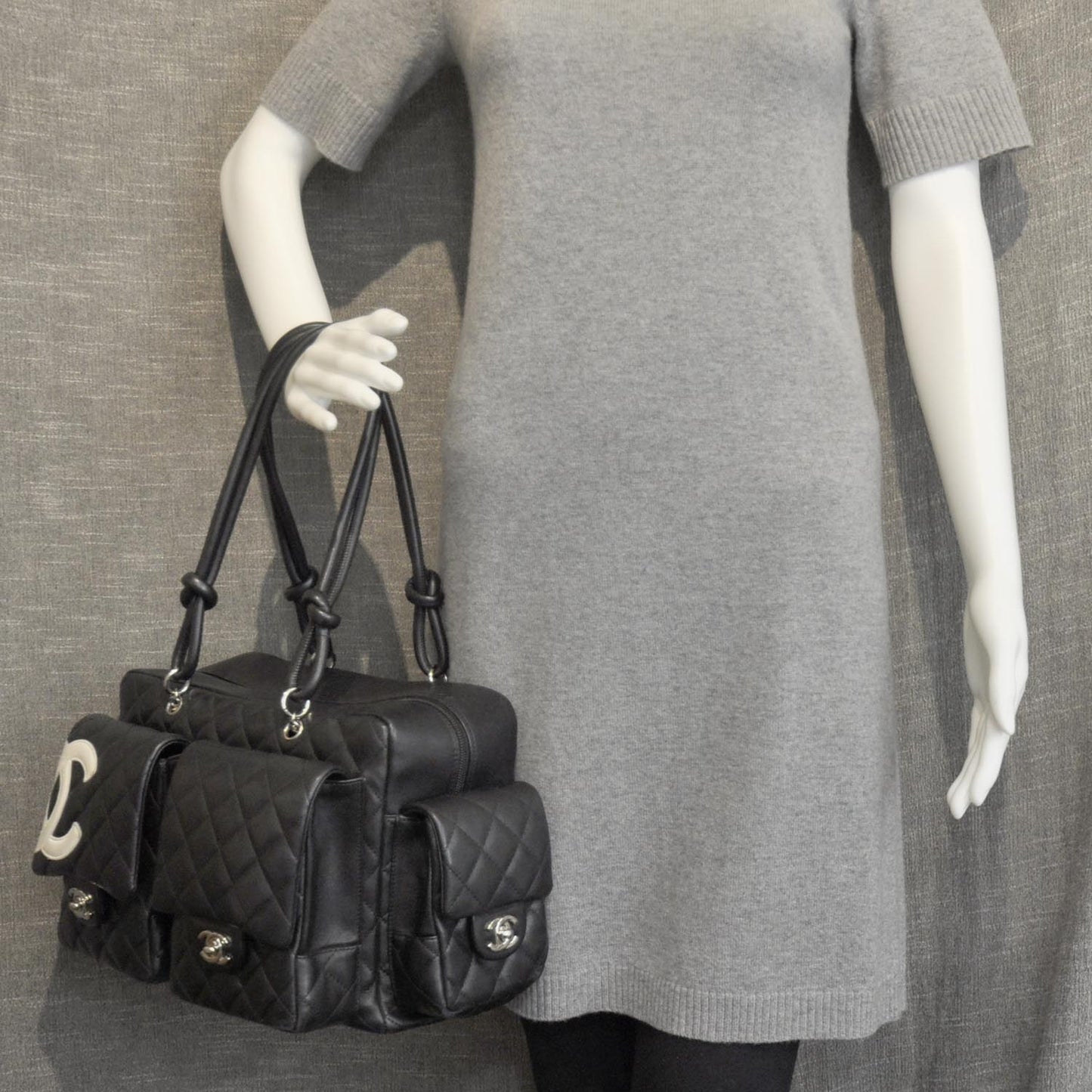 Calfskin Quilted Large Cambon Multipocket Reporter Black White